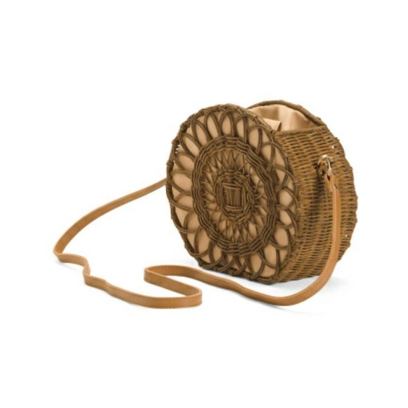 Hand Woven Wicker Eyelet Hat Box Crossbody Rattan - Picture 2 of 4